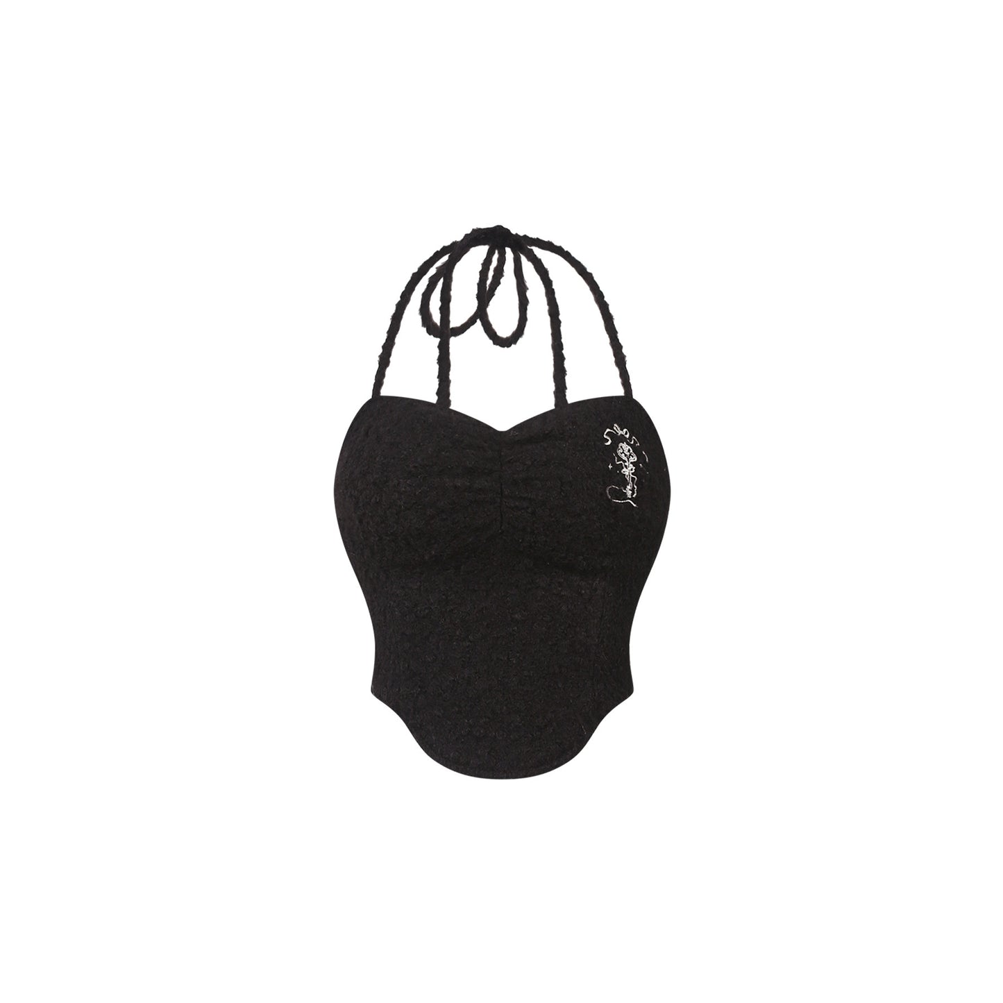 Black plush bustier with halter straps and bow detail