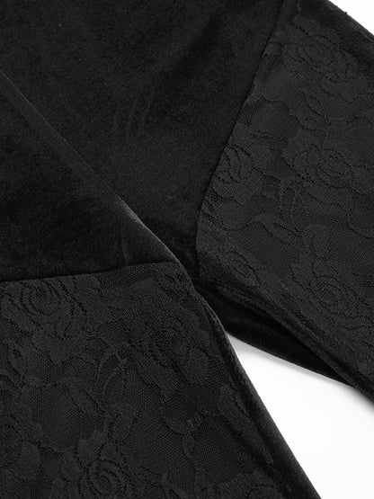 Black floral lace fabric panel on sheer mesh leg