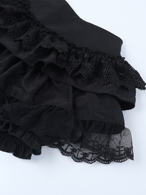 Black lace-trim tiered doll skirt with scalloped ruffle edges