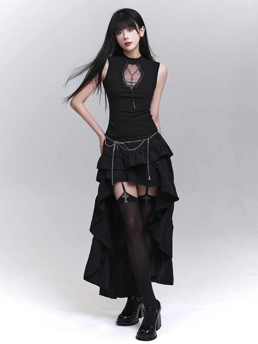 Black sleeveless top with jewel-trimmed neckline and dangling pendant chain