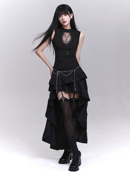 Black sleeveless top with jewel-trimmed neckline and dangling pendant chain