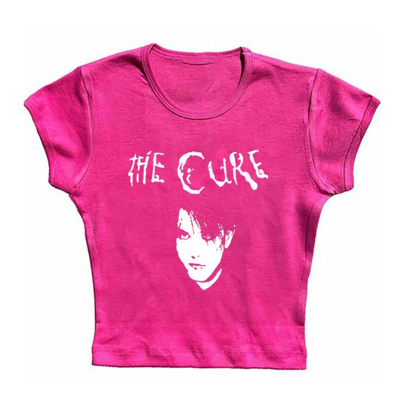 Pink crewneck graphic T-shirt with band text and face portrait print