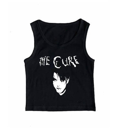 Black sleeveless graphic cami with scoop neck and white band logo front print
