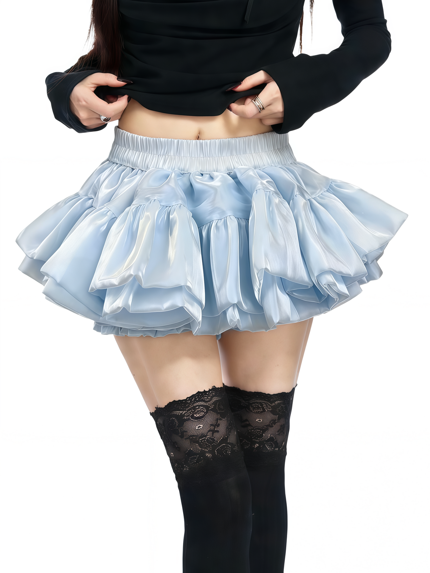 Light blue tiered ruffle skirt with gathered elastic waistband and layered fabric
