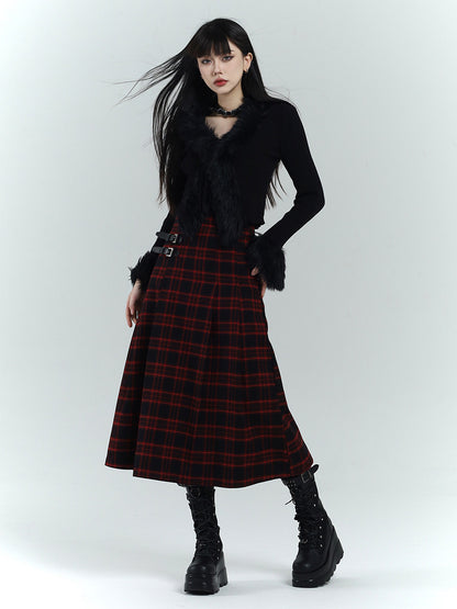Long A-line plaid wool skirt, red and black tartan with waistband and side straps
