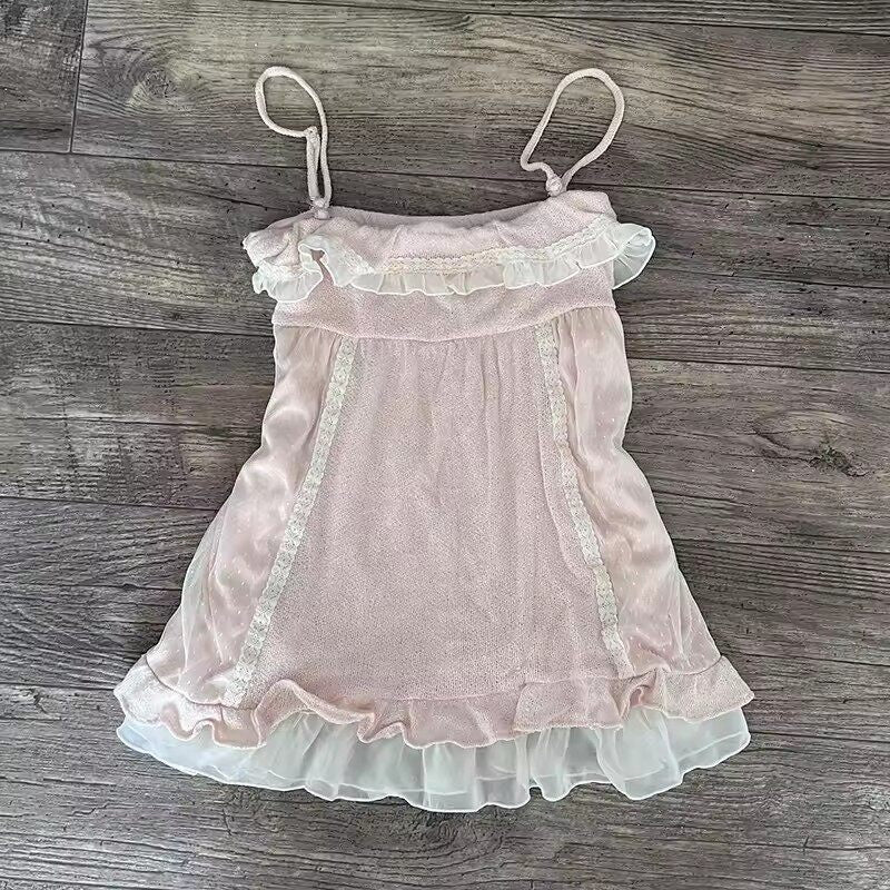White ruffle-trim mesh dress with bow spaghetti straps and tiered skirt