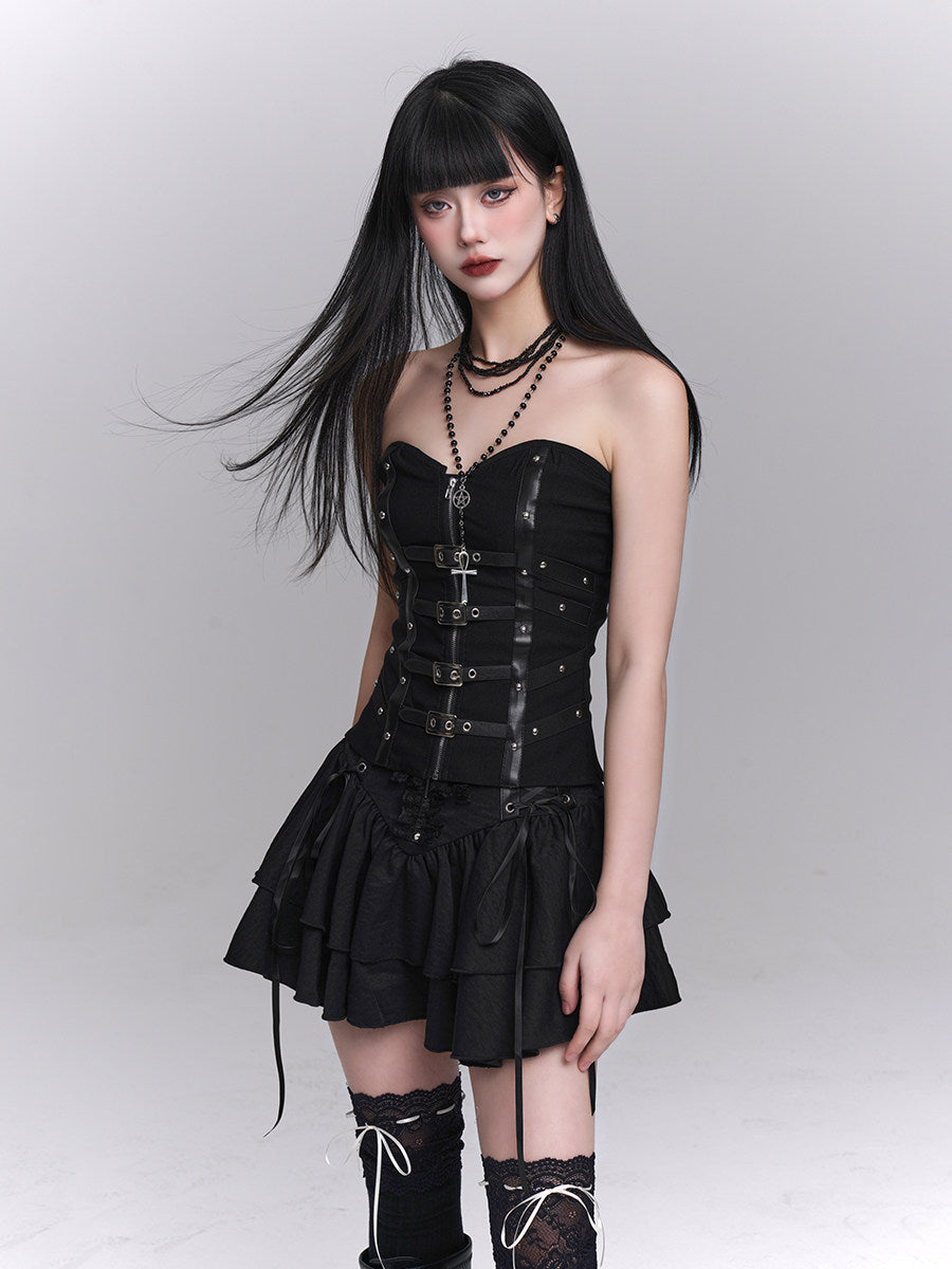 Black strapless bandeau corset top with front buckles and stitched panels