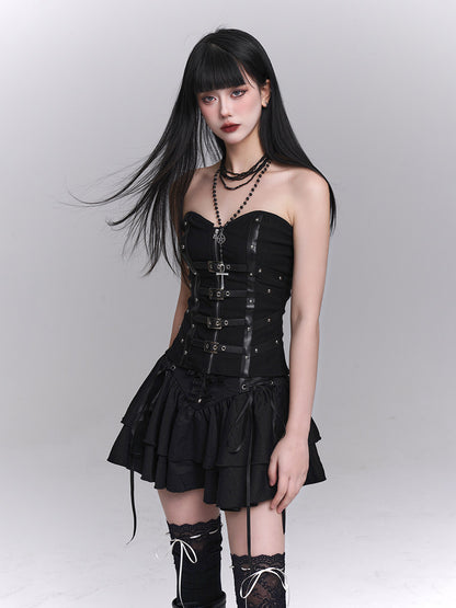Black strapless bandeau corset top with front buckles and stitched panels