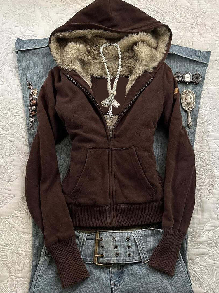 Brown fleece thickened hooded zip jacket with faux fur collar and kangaroo pockets