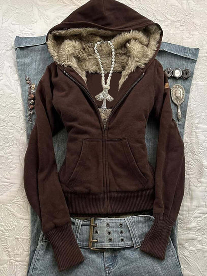 Brown fleece thickened hooded zip jacket with faux fur collar and kangaroo pockets