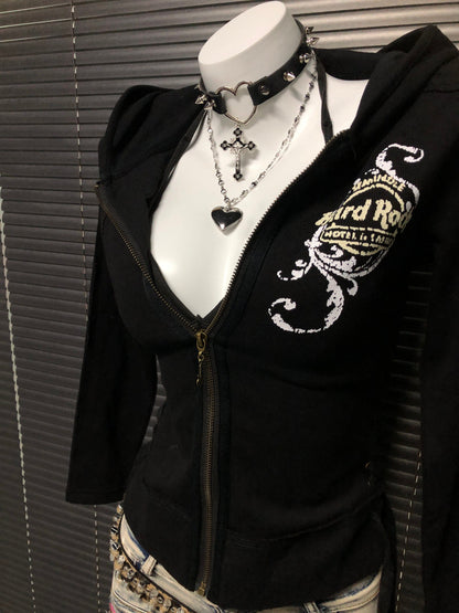 Black zip-up hooded sweatshirt jacket with V neckline and chest graphic