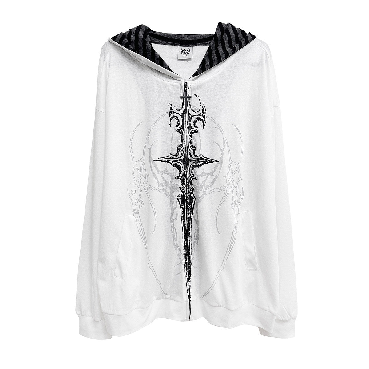 White gothic print hooded loose jacket with black cross graphic, zip-front