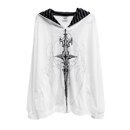 White gothic print hooded loose jacket with black cross graphic, zip-front