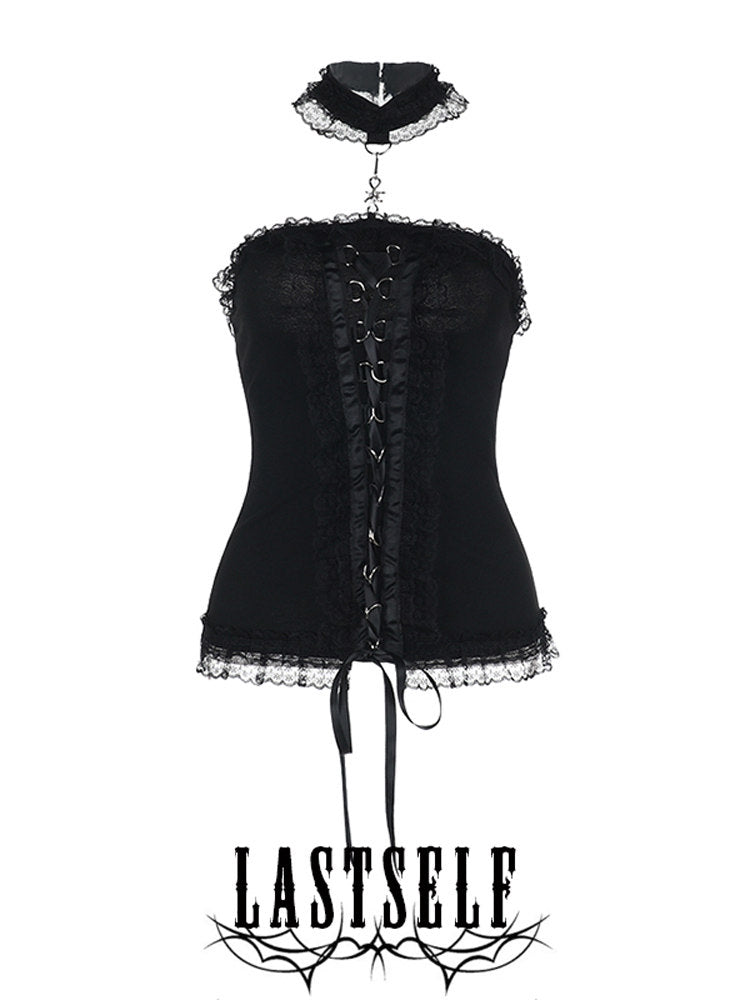 Black corset top with lace trim, ruffled choker, and front eyelet lacing