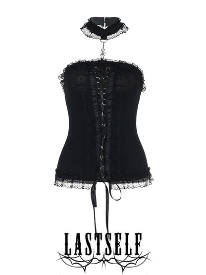 Black corset top with lace trim, ruffled choker, and front eyelet lacing