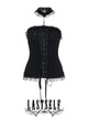 Black corset top with lace trim, ruffled choker, and front eyelet lacing