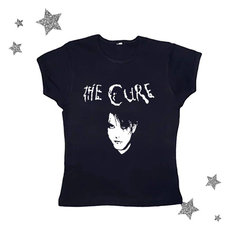 Dark navy crewneck graphic T-shirt with band text and face portrait print