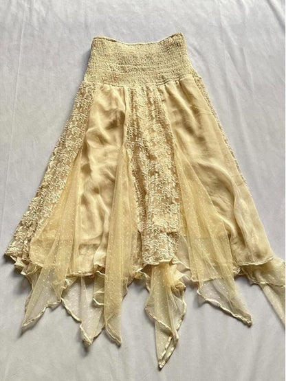 Yellow tulle skirt with elastic waistband, lace patchwork panels, and layered irregular hem