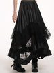Black irregular tiered maxi skirt with elastic waist and lace-trim sheer panels