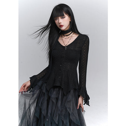 Black long-sleeve knit cardigan with button front and layered tulle ruffle skirt