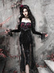 Black lace gothic corset dress with burgundy velvet bust, long sleeves, fishtail hem
