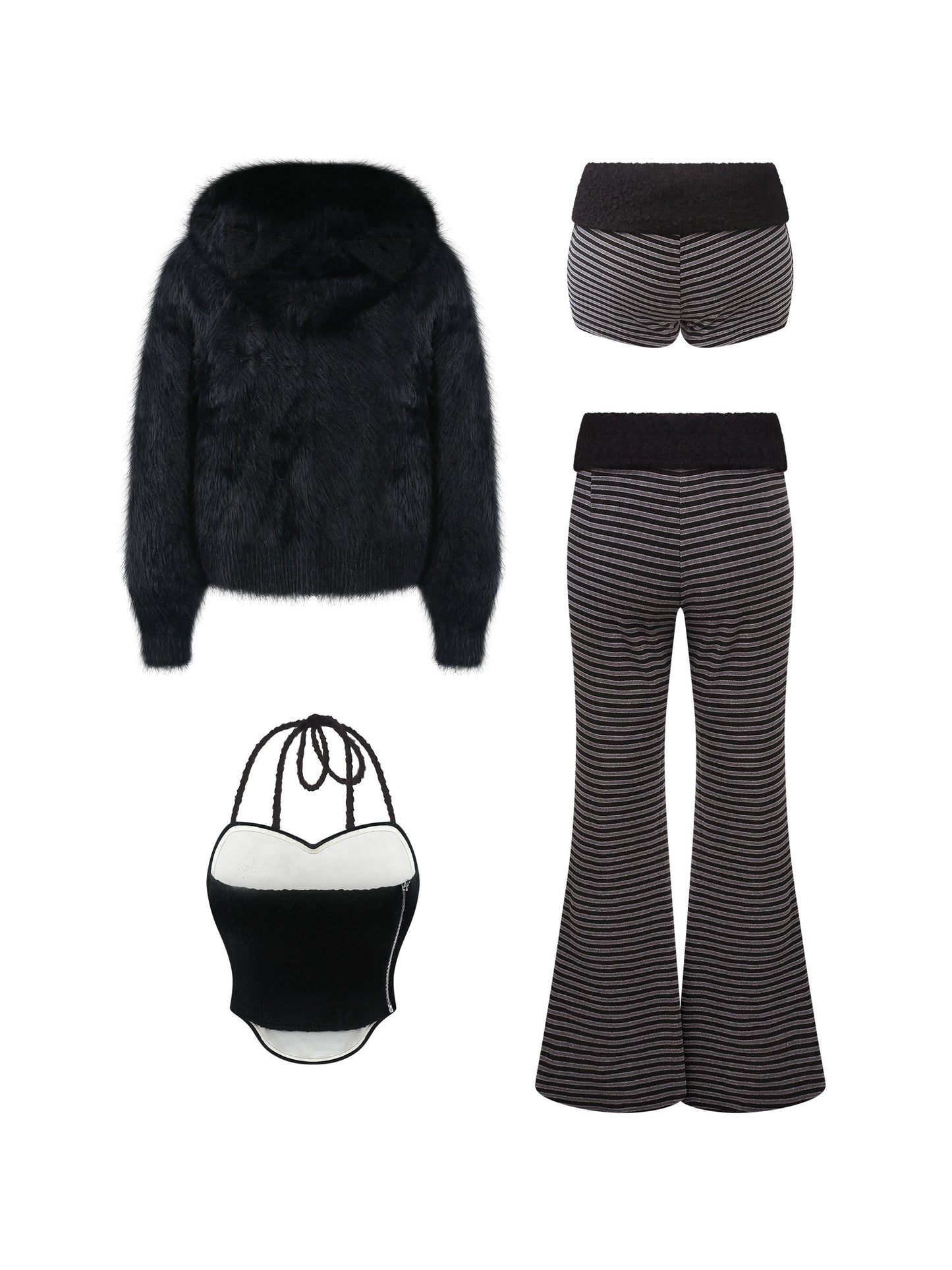 Black faux fur jacket, striped shorts, striped flared trousers, and black/white mini bag