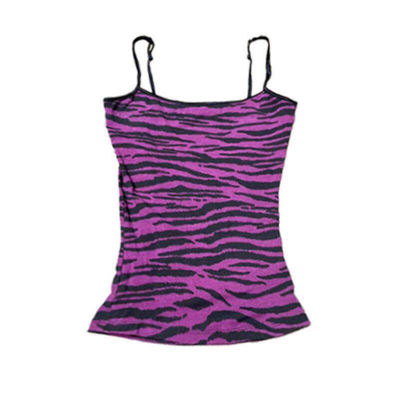 Purple zebra-print camisole swim tankini with thin straps and peplum hem