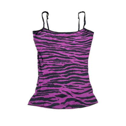 Purple zebra-print camisole swim tankini with thin straps and peplum hem