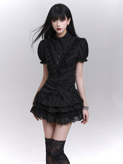 Black puff-sleeve blouse with textured front and tiered ruffle hem