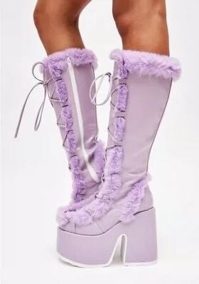 Lavender platform ankle boots, lace-up front with faux-fur trim and chunky heel