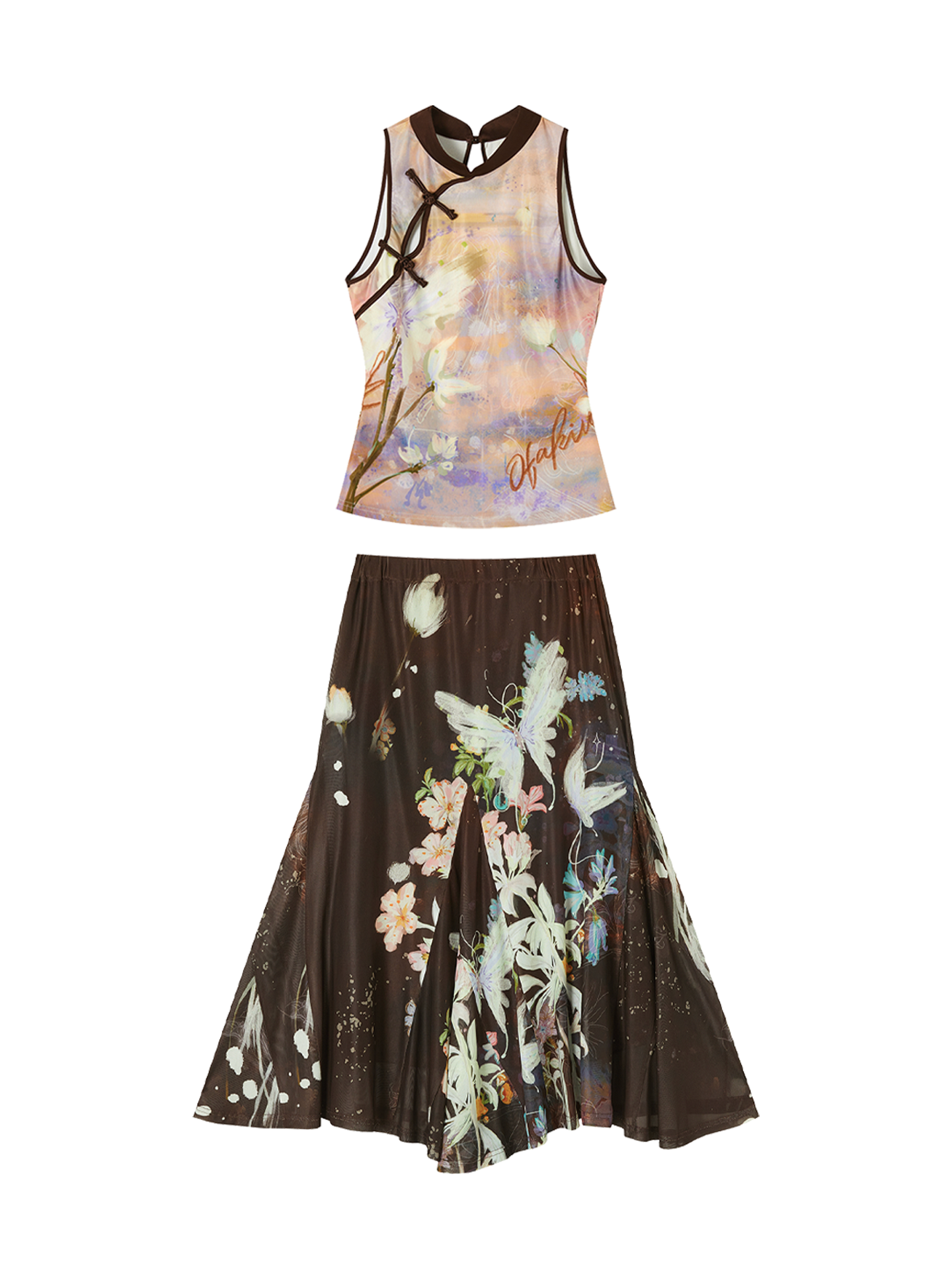 Knit top and half skirt set, sleeveless with black crisscross neckline and butterfly floral print