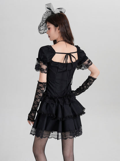 Black gothic mini dress, open back with lace corset tie and ruffled sleeves