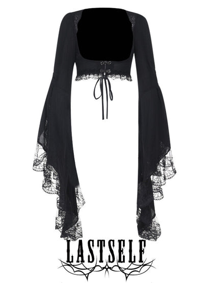 Black cropped lace flare-sleeve coat with scalloped hem trim and ribbon ties.