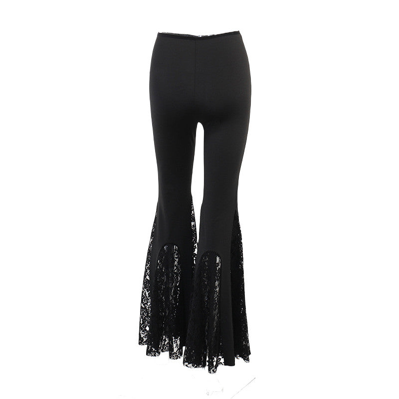 High-rise black pants with layered lace flare hem and scalloped lace edges