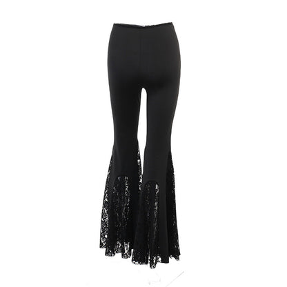 High-rise black pants with layered lace flare hem and scalloped lace edges