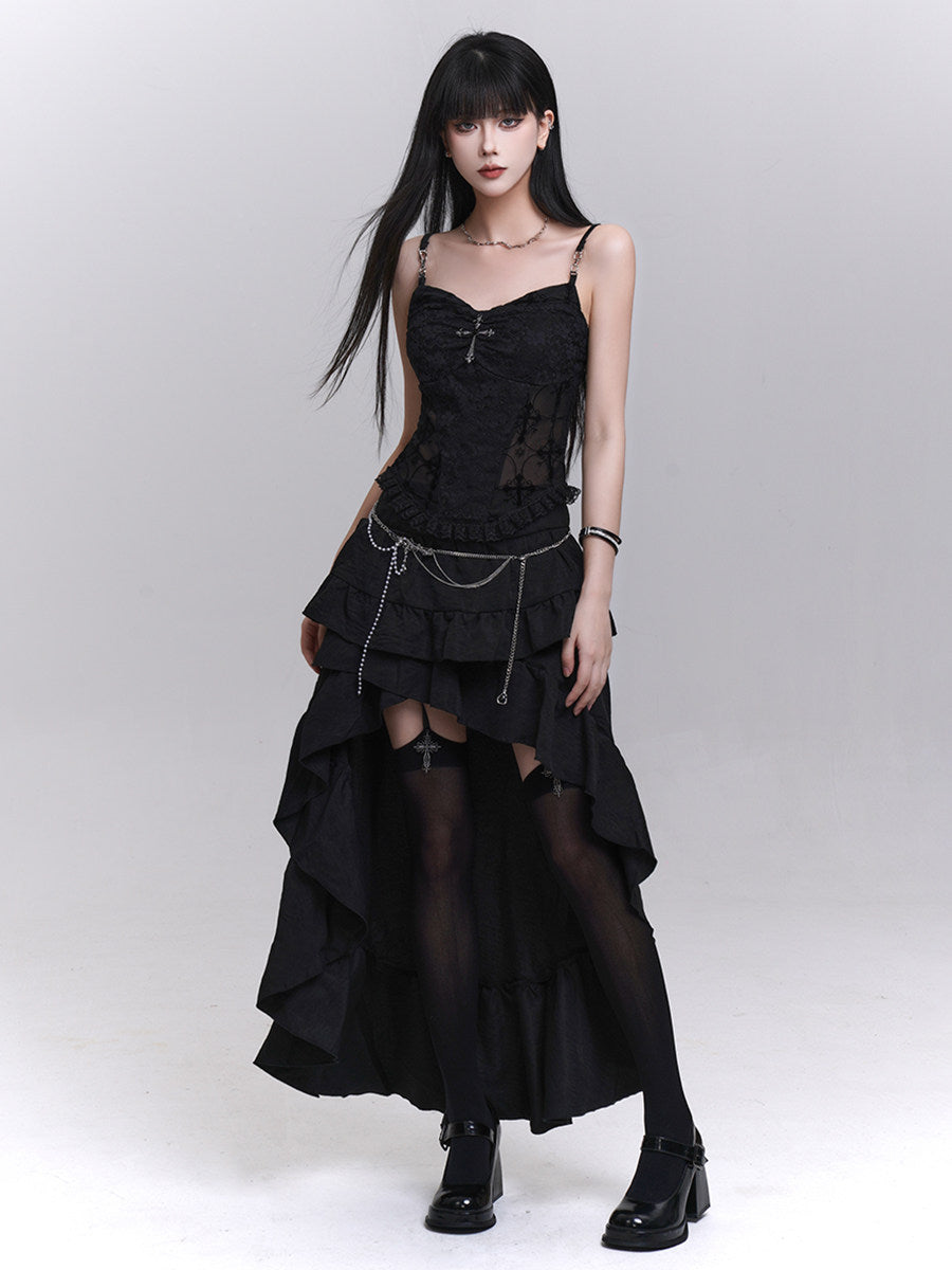 Black layered mini skirt with asym ruffles and dangling silver waist chains