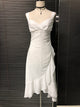 White chiffon camisole dress with V wrap bodice and fitted waist; flared midi hem