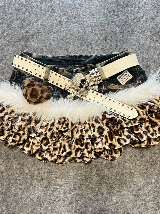 Y2K - Brown Leopard Vintage Denim Skirt