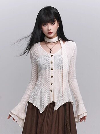Cream long-sleeve knit cardigan with button front and flared ruffle cuffs