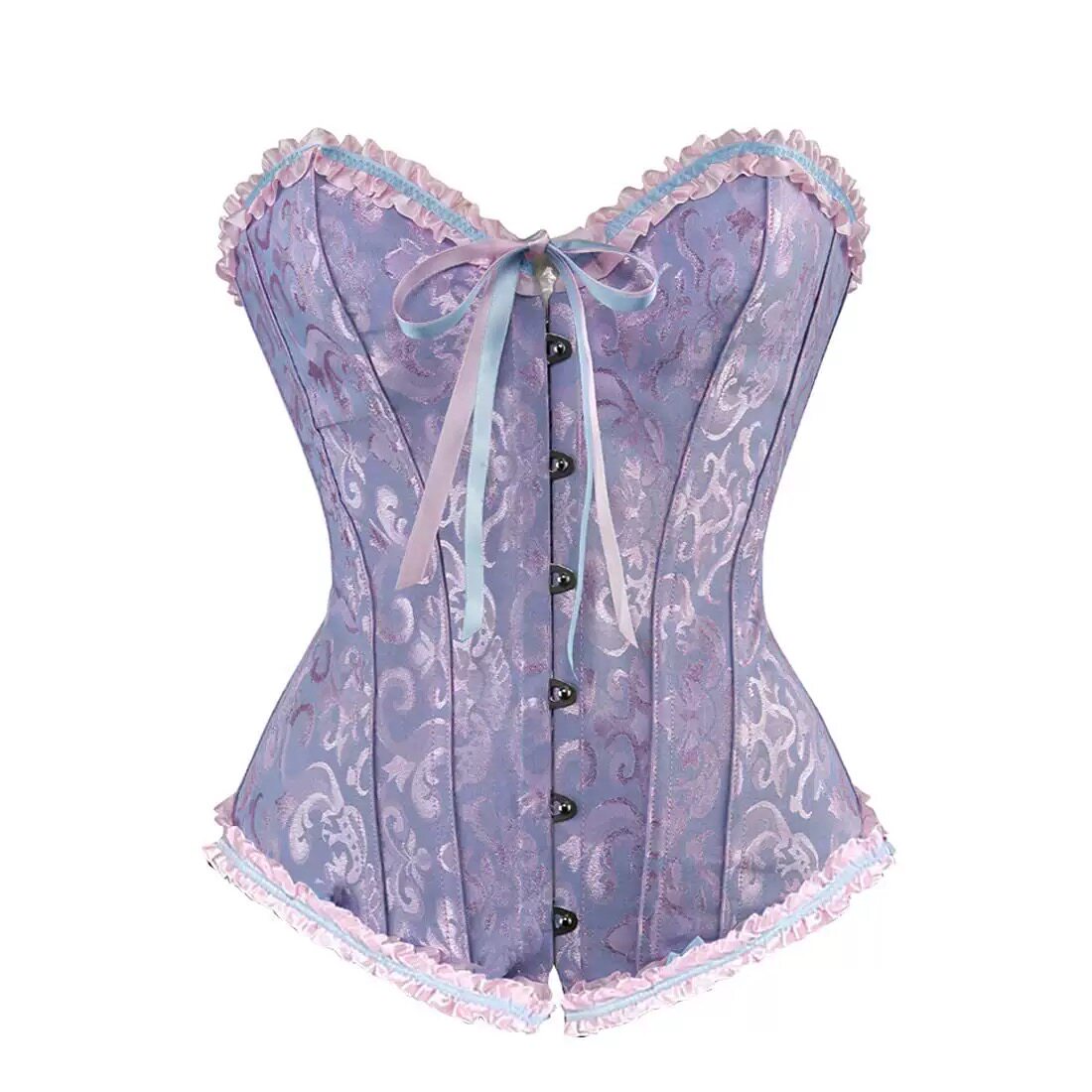 Light purple brocade corset with sweetheart neckline, front buttons and lace-trimmed edges.