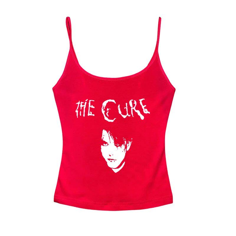 Red sleeveless graphic cami with centered The Cure logo and face print