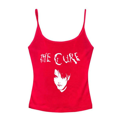 Red sleeveless graphic cami with centered The Cure logo and face print