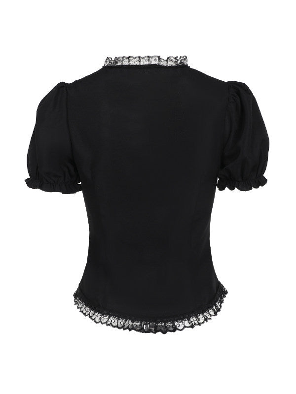 Black puff-sleeve blouse back view with lace-trim collar and scalloped hem
