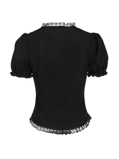 Black puff-sleeve blouse back view with lace-trim collar and scalloped hem