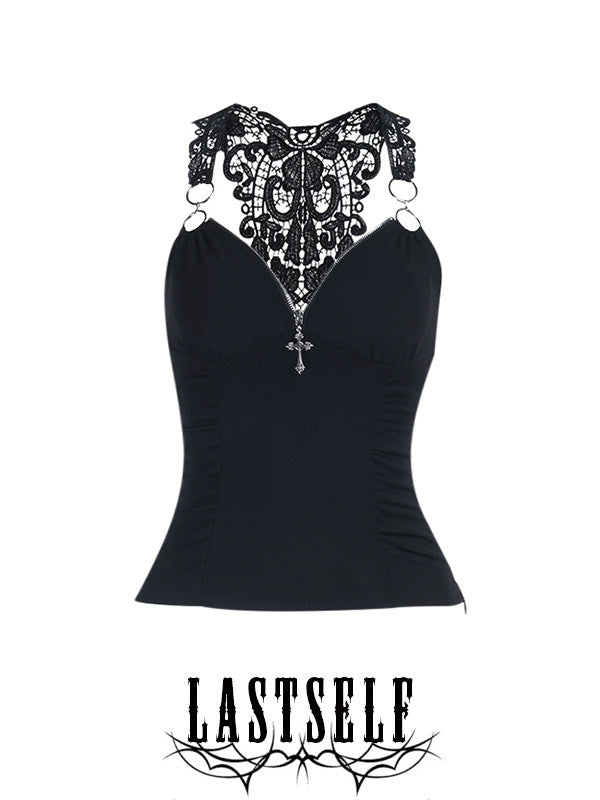 Black lace suspender vest with V neckline, decorative yoke, and tassel accents