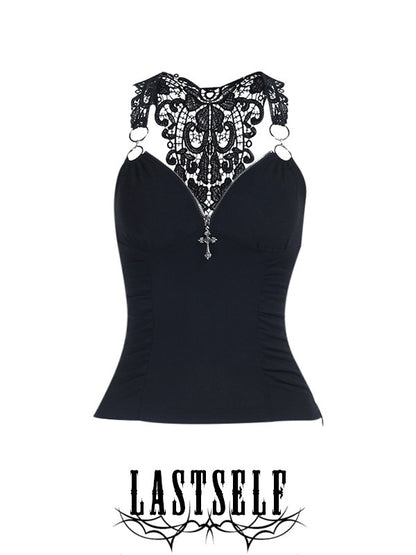 Black lace suspender vest with V neckline, decorative yoke, and tassel accents