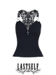 Black lace suspender vest with V neckline, decorative yoke, and tassel accents