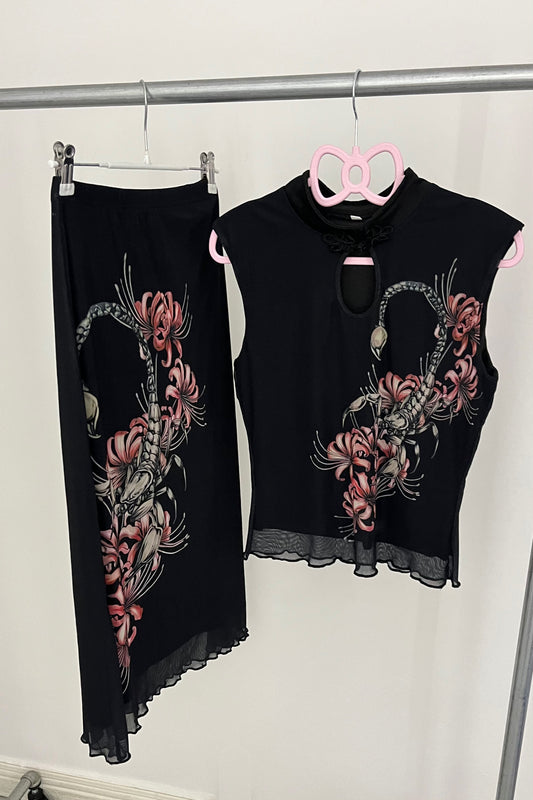 Dark Scorpion Print Cheongsam - Vest & Skirt Set