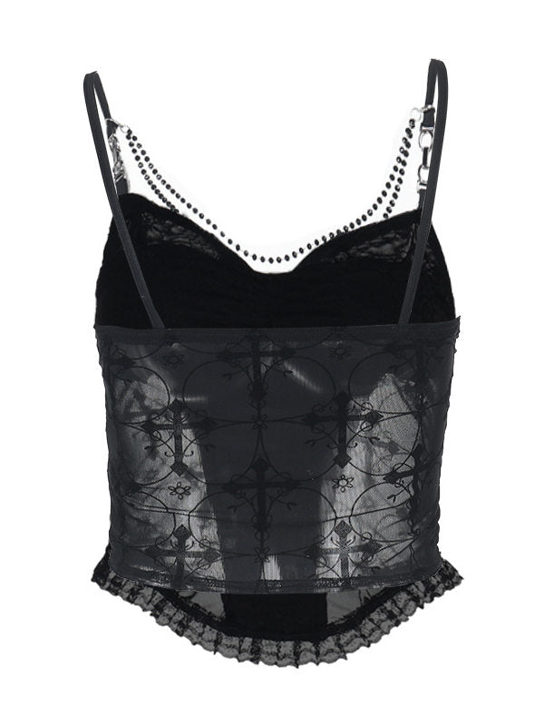 Black sheer lace suspender vest with geometric mesh panels and small cross charm