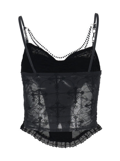 Black sheer lace suspender vest with geometric mesh panels and small cross charm